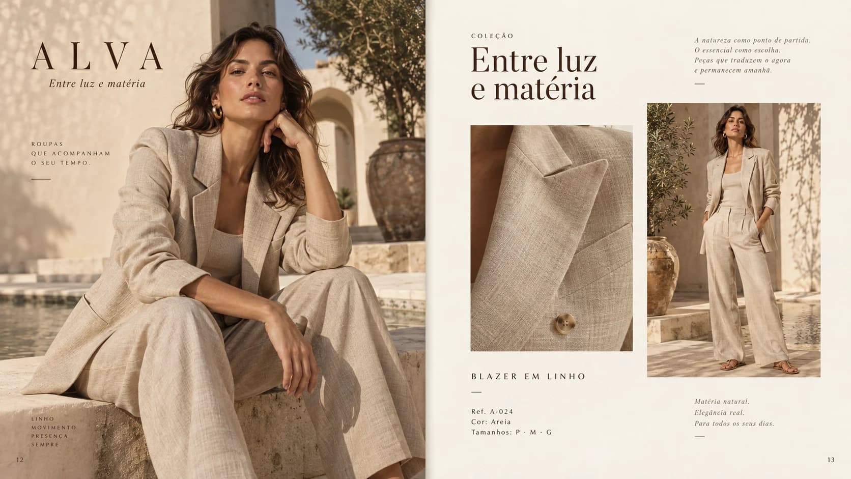 Páginas do catálogo de moda Alva com editorial de alfaiataria e ficha do blazer A-024