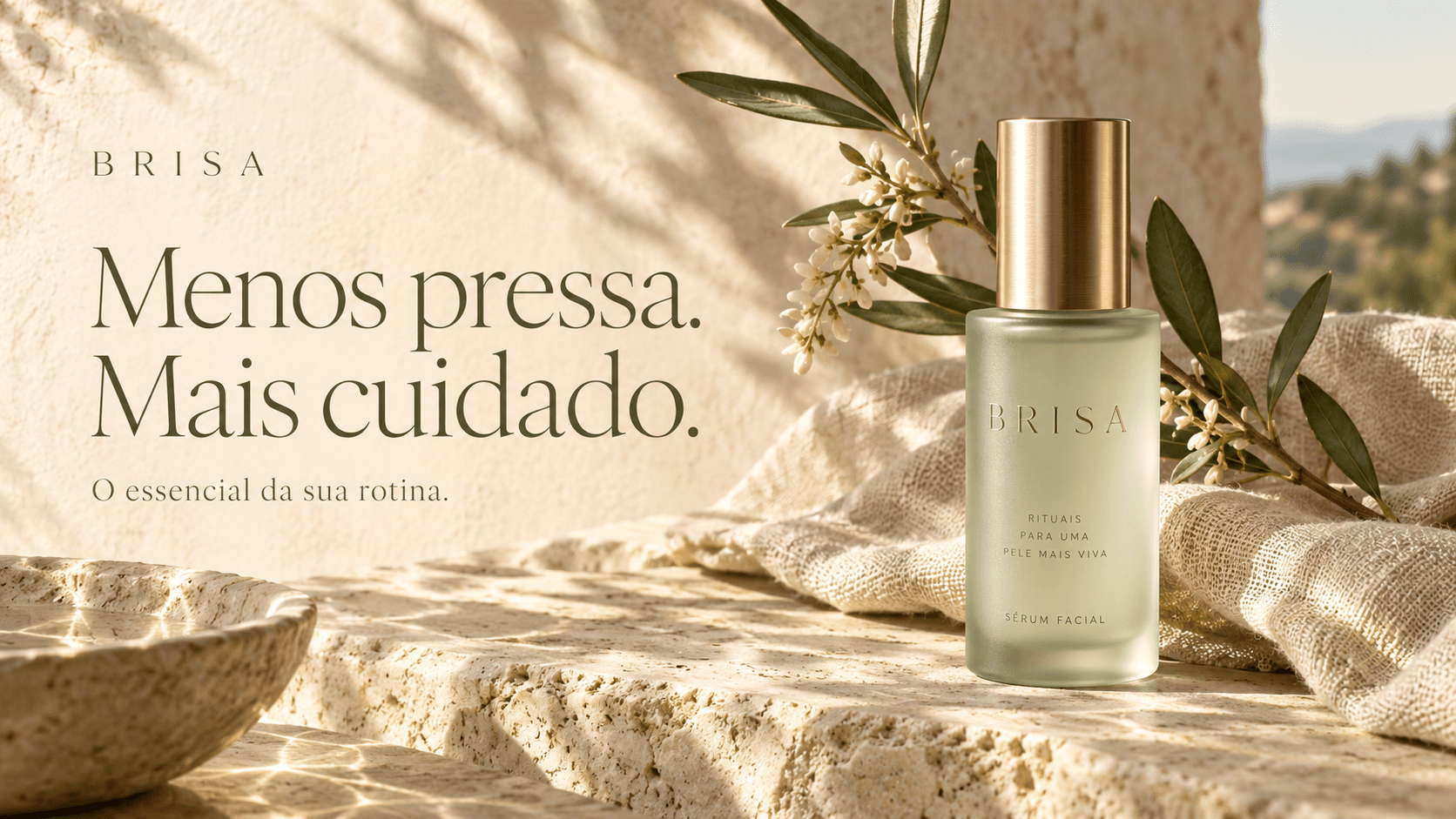 Campanha de cosméticos Brisa com produto em destaque e fotografia de luz natural