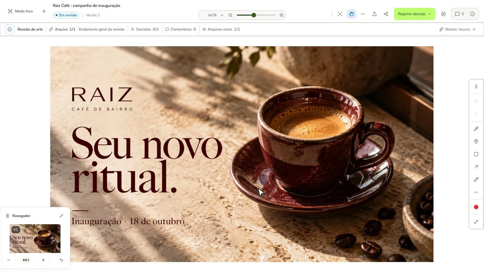 Rafael copia o link da campanha Raiz Café. O cliente abre a revisão pelo navegador.