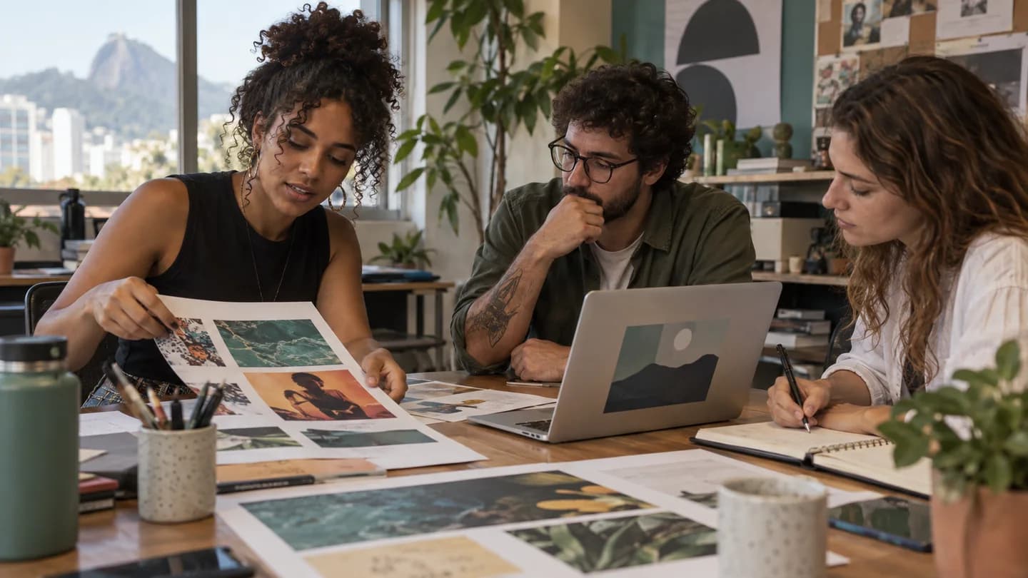 Cena editorial ilustrativa de uma equipe reunida em torno de peças criativas e anotações