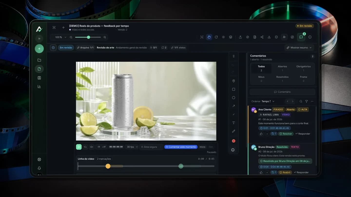 Composição editorial com uma revisão de vídeo aberta no Aproova