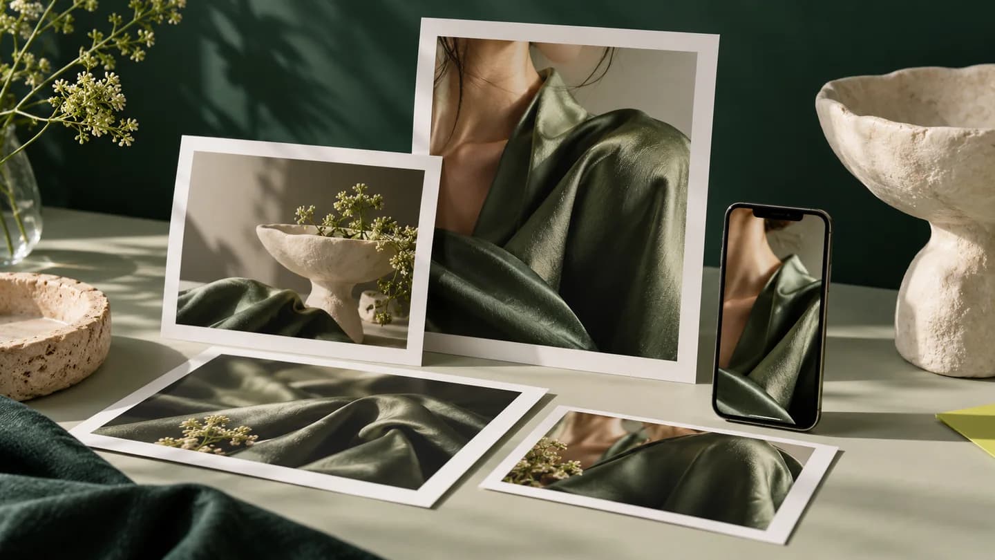 Photographic campaign assets in different formats on a green studio table