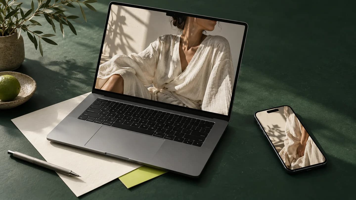 A laptop and phone showing crops from the same campaign on a green desk