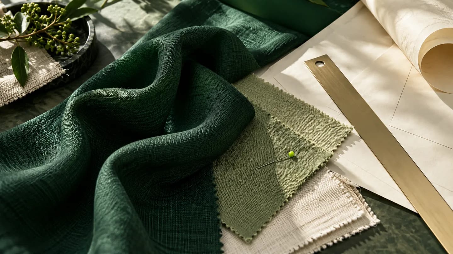 Green and ivory fabric samples, a ruler and pattern paper on a design table