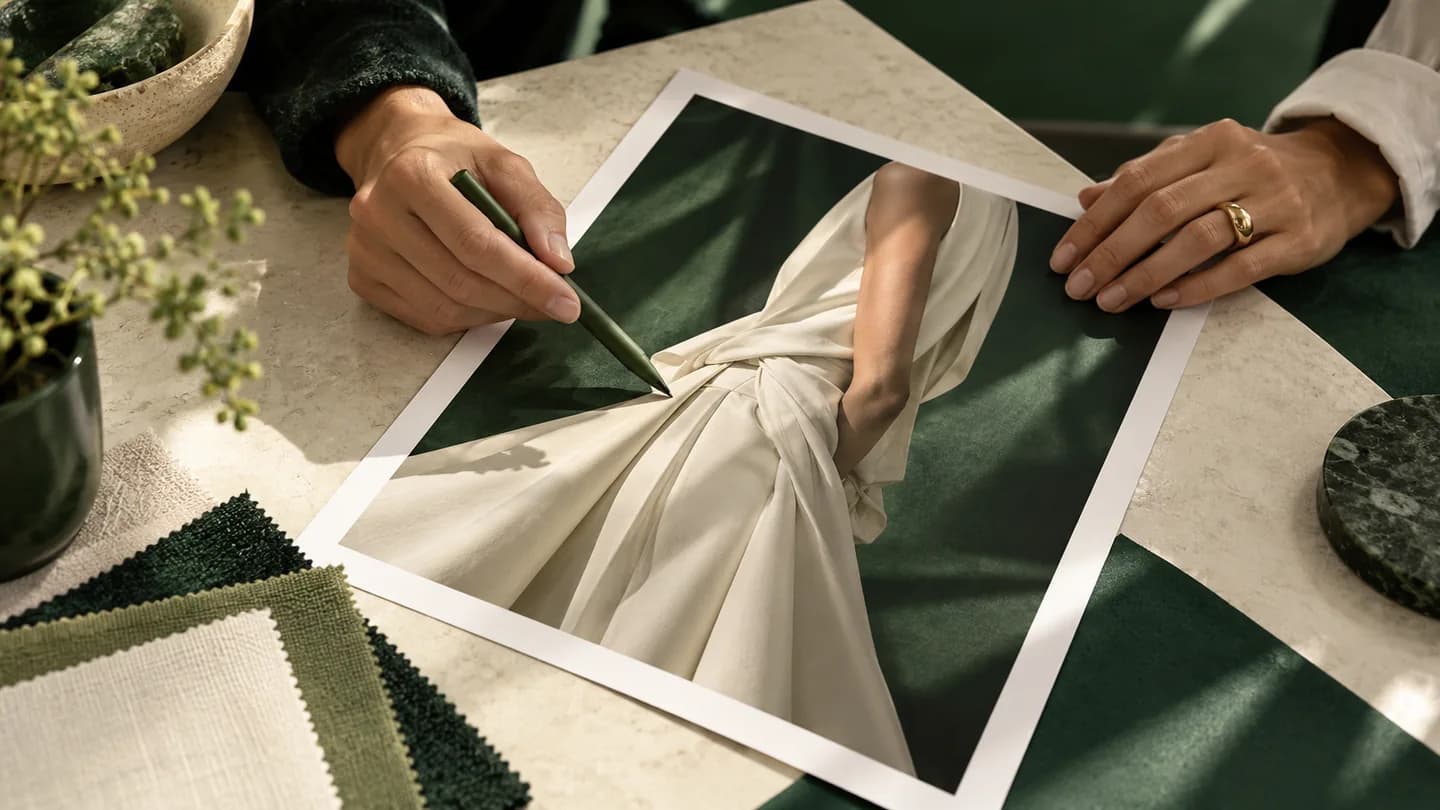 Two people checking a detail on a printed campaign asset