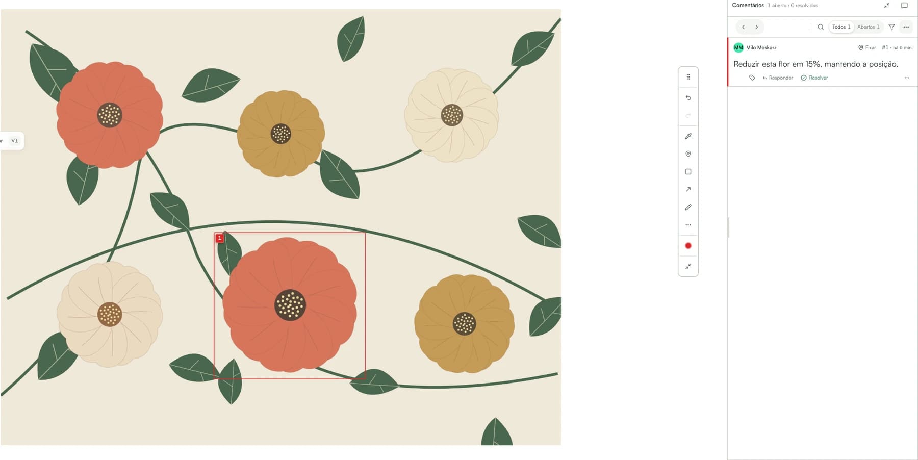 Estampa floral no Aproova com o comentário salvo: Reduzir esta flor em 15%, mantendo a posição