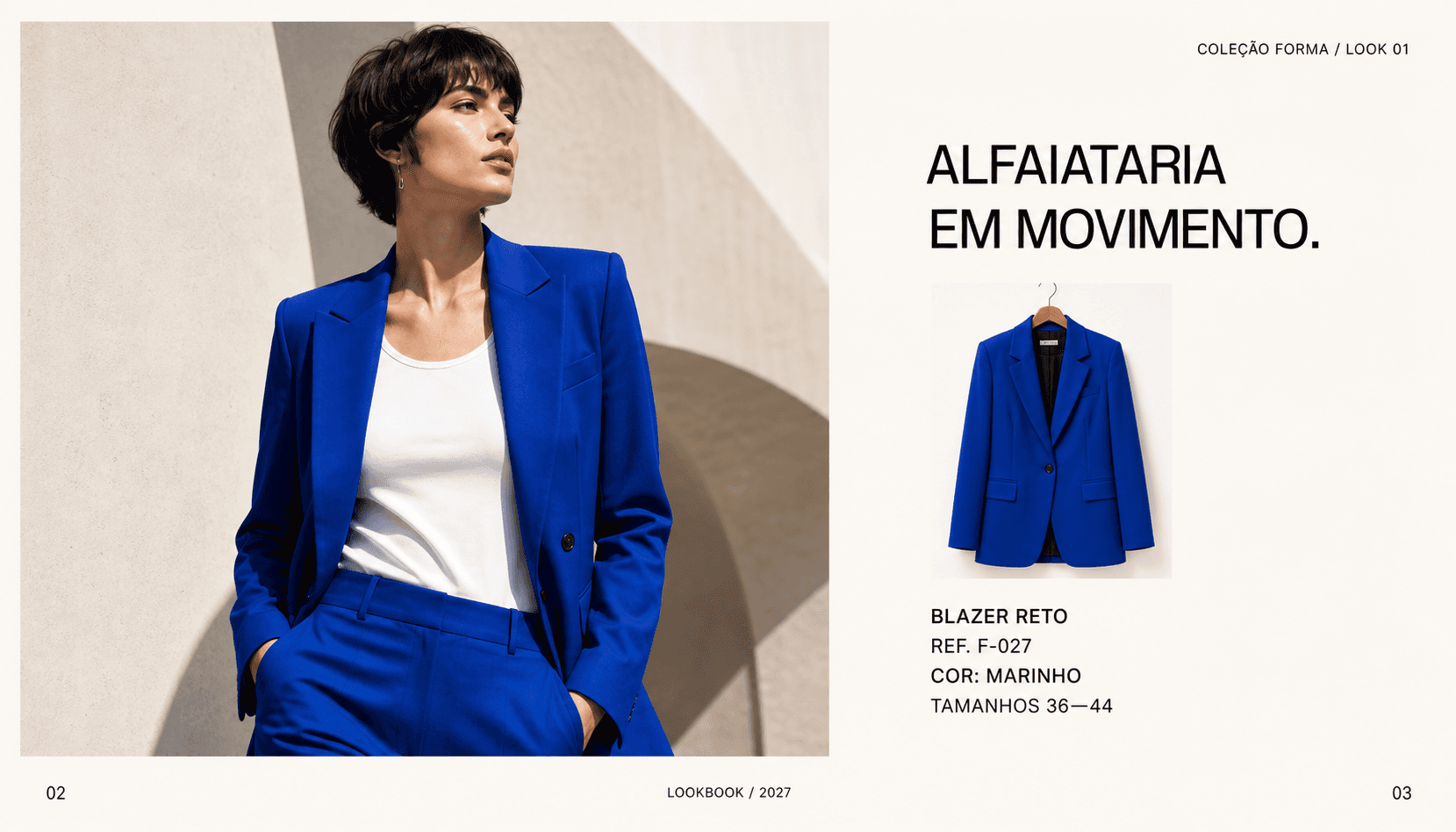 Catálogo de moda fictício: blazer azul identificado como Marinho antes do ajuste