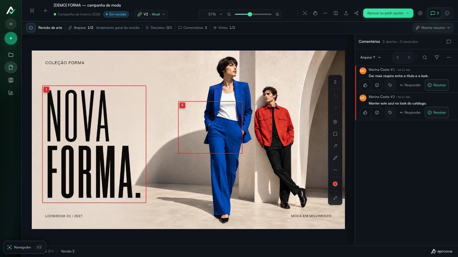 Tela real do Aproova com marcações e comentários na campanha de moda fictícia FORMA