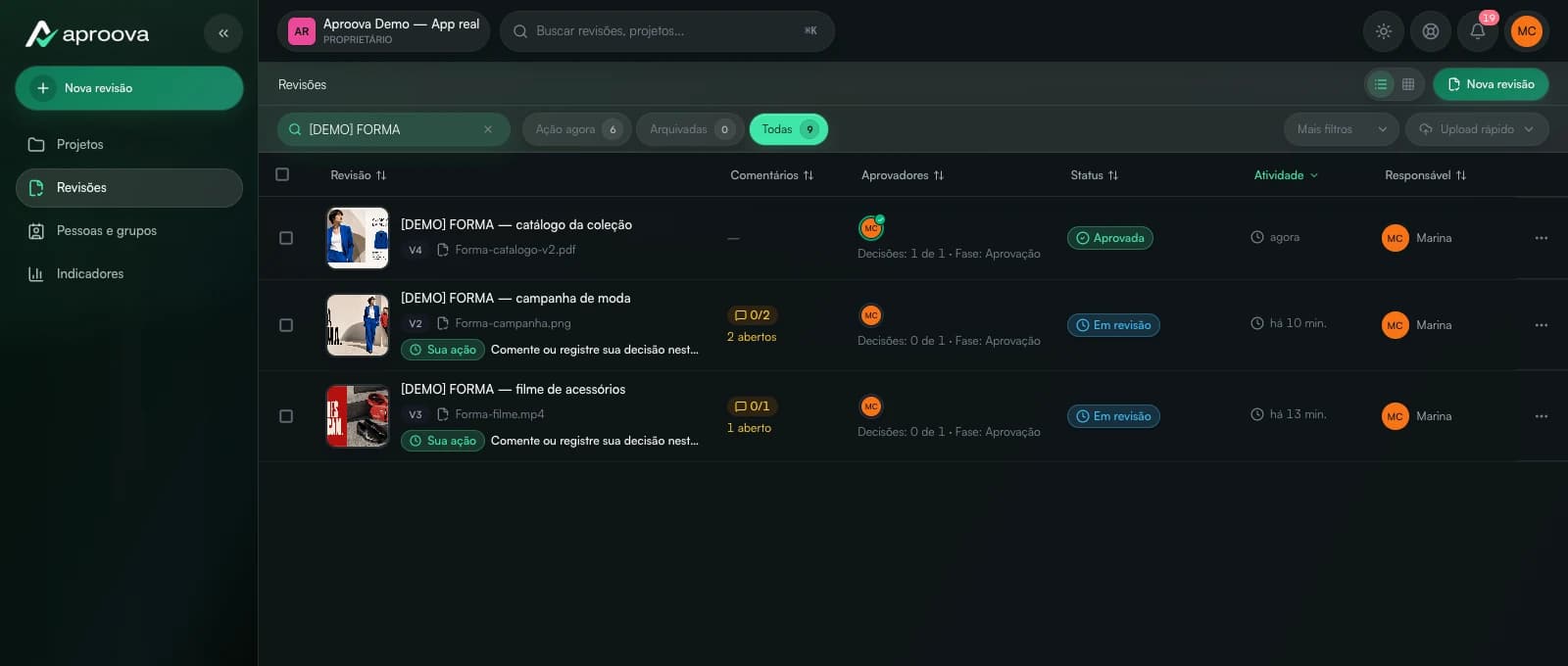 Lista real de revisões do Aproova, com miniaturas de vídeo, PDF e arte, status e responsáveis