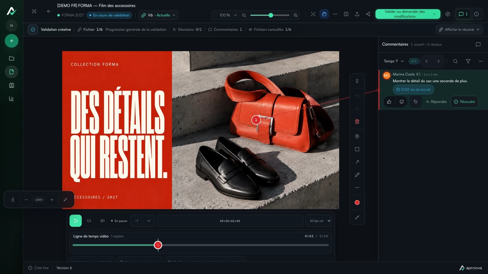 Révision réelle du film d’accessoires FORMA dans Aproova, avec un commentaire sur le sac rouge dans la timeline