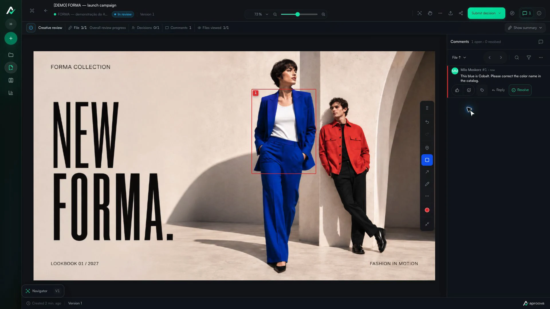 FORMA campaign in Aproova with a marked blazer and a saved color correction request