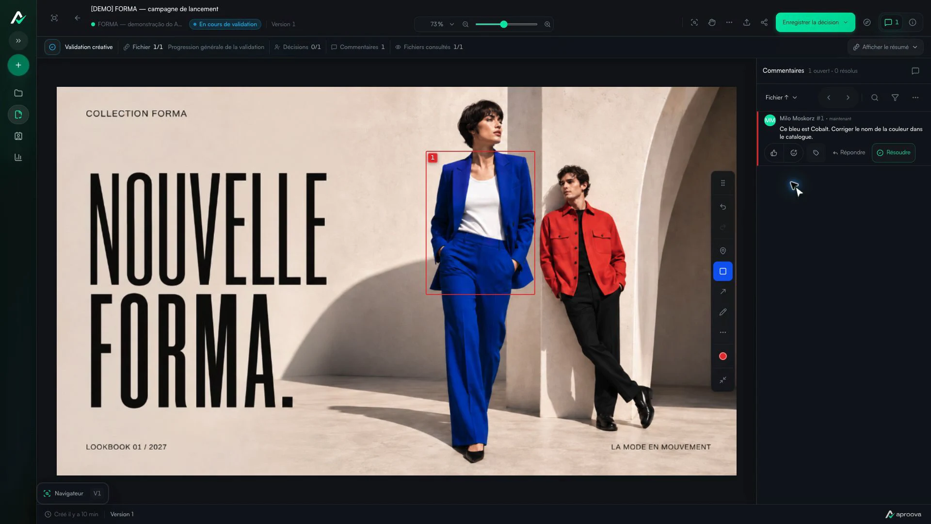 Campagne FORMA dans Aproova avec le blazer encadré et une demande de correction de la couleur