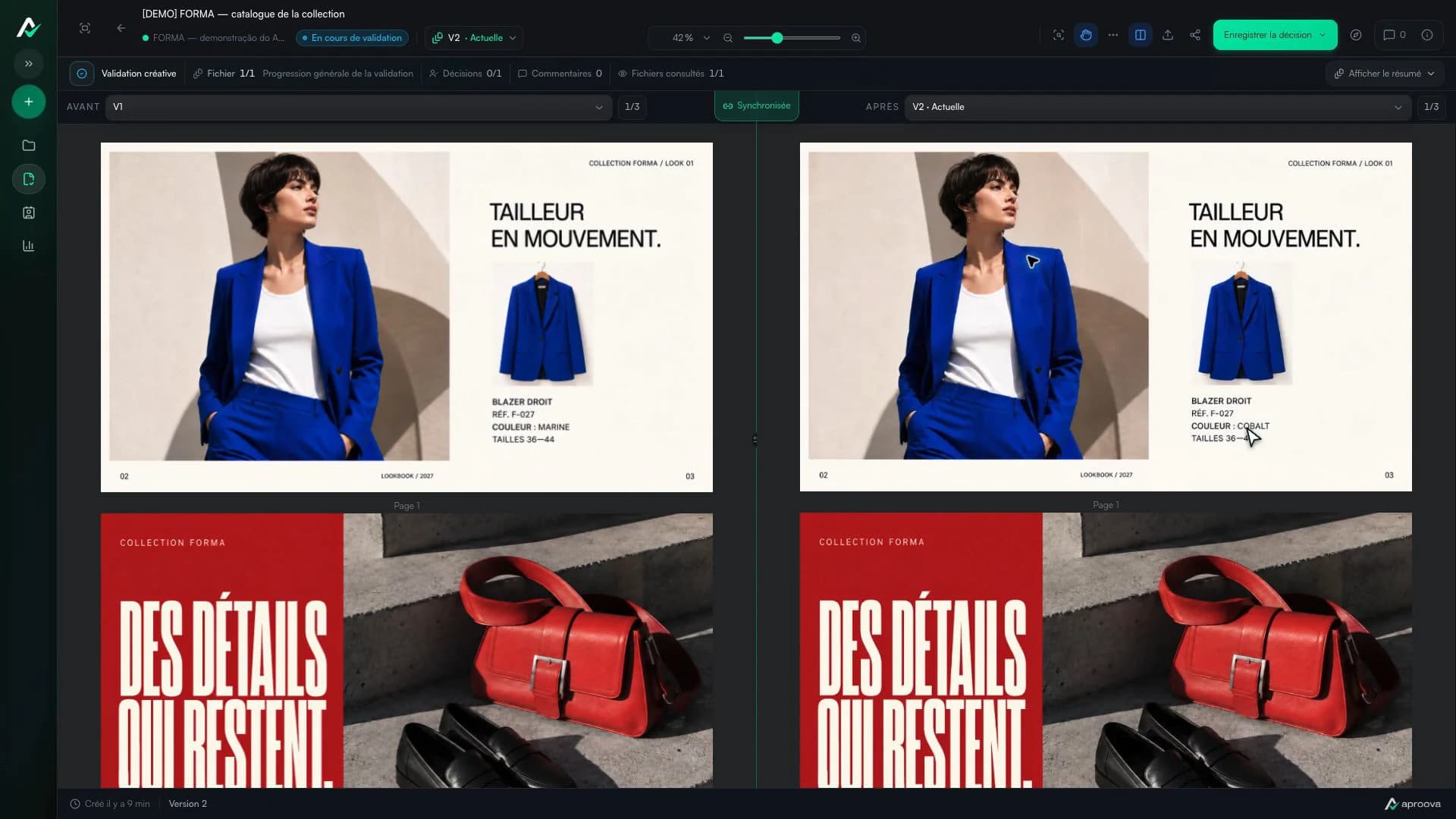 Deux versions du catalogue FORMA comparées dans Aproova avec le nom de la couleur corrigé
