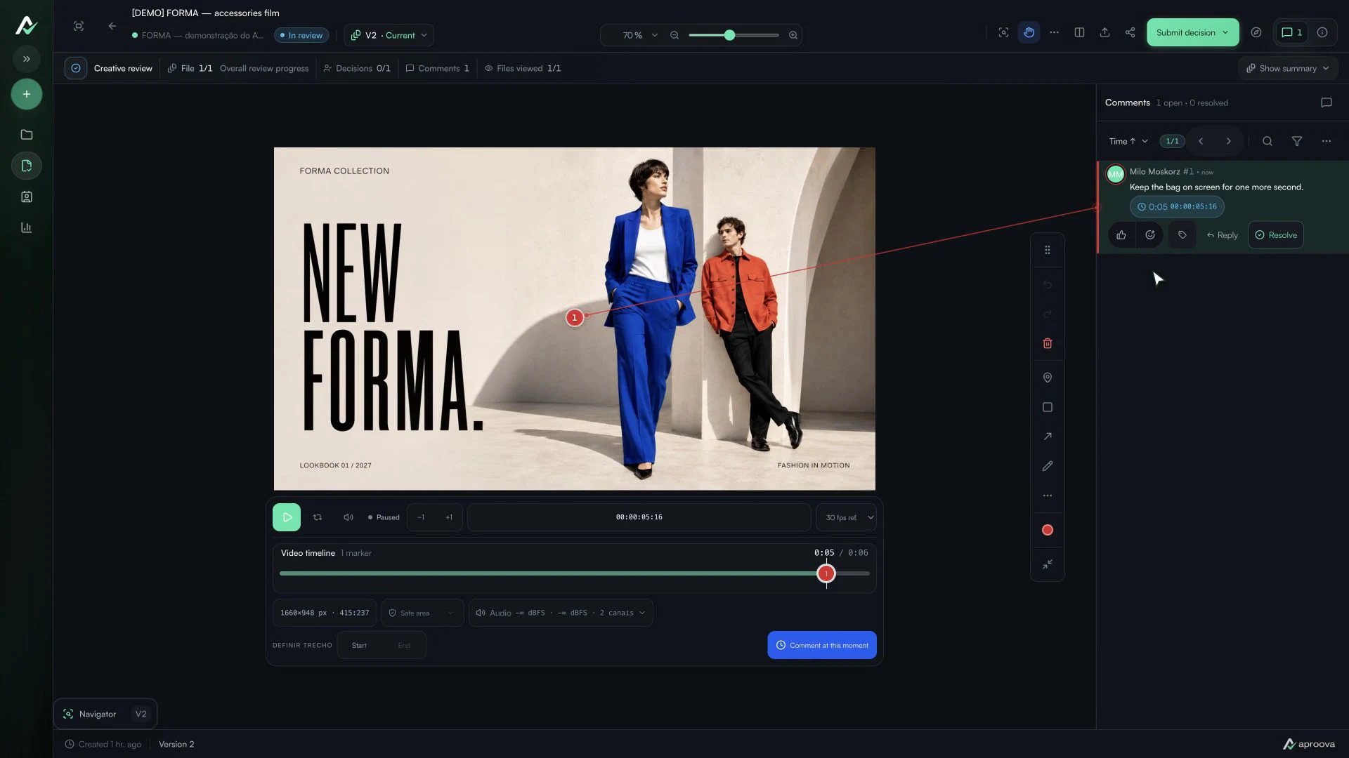FORMA accessories film in Aproova with a saved timestamped comment and timeline marker