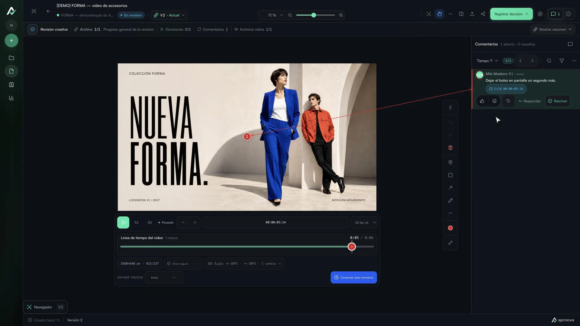 Vídeo de accesorios FORMA en Aproova con un comentario asociado al instante y a la línea de tiempo