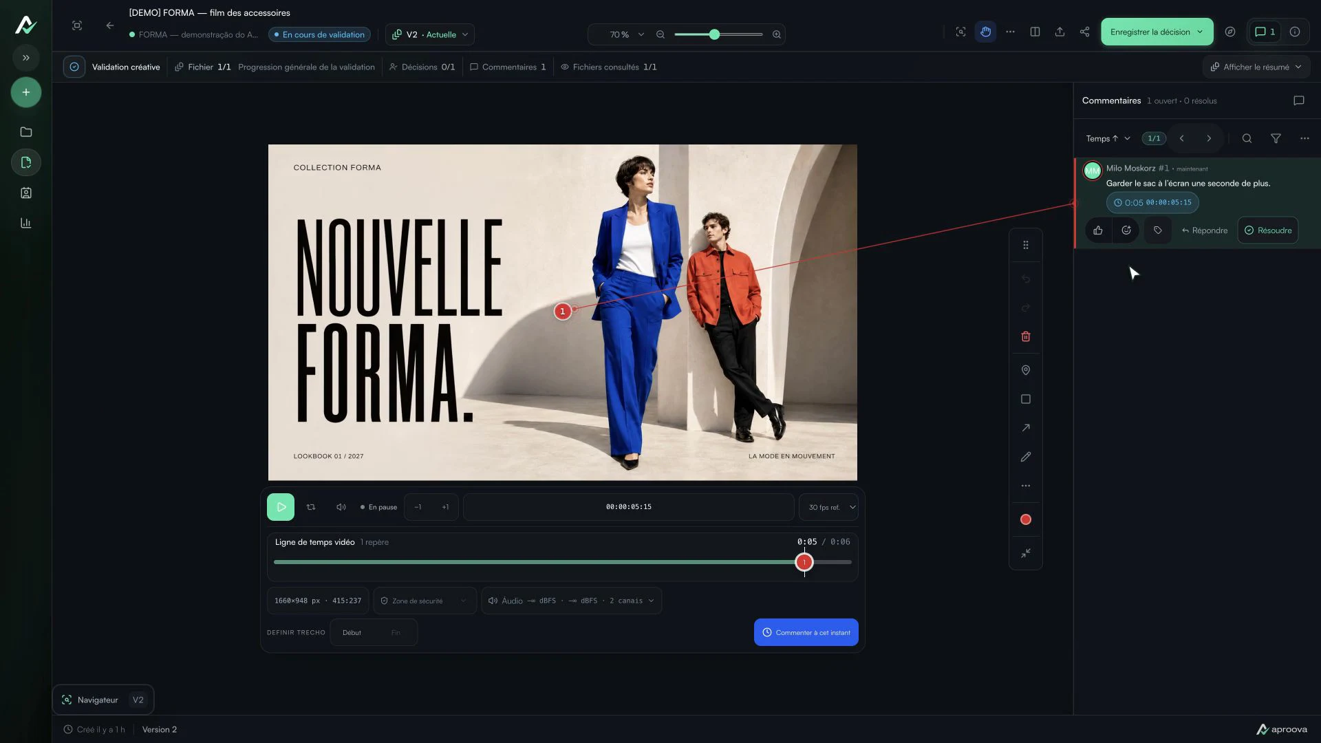 Film d’accessoires FORMA dans Aproova avec un commentaire horodaté et un repère dans la chronologie