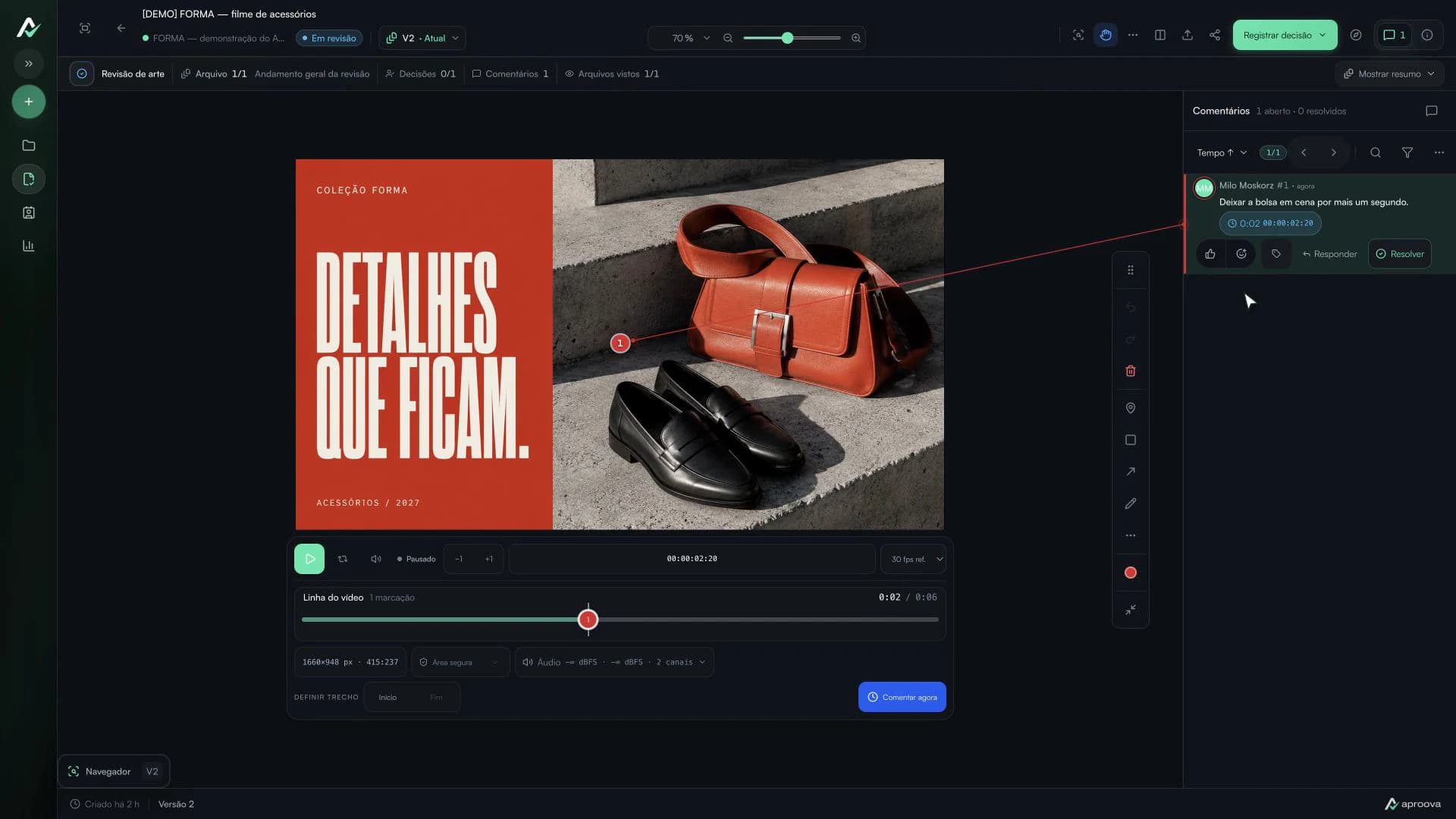 Filme FORMA no Aproova com comentário salvo no segundo 2 e marcação na linha do tempo