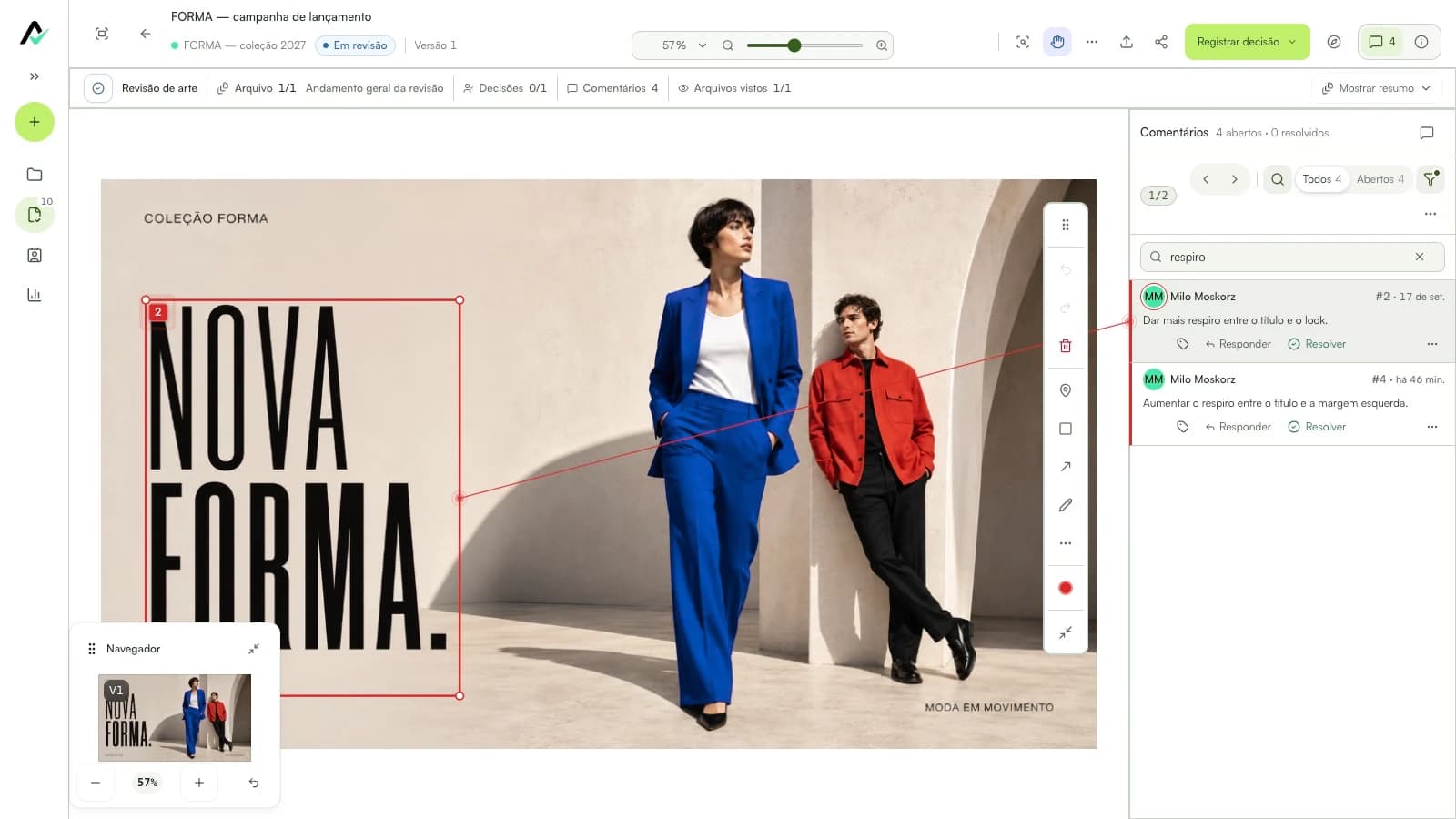 Pedido de ajuste na arte da campanha fictícia FORMA, ligado à marcação sobre o título