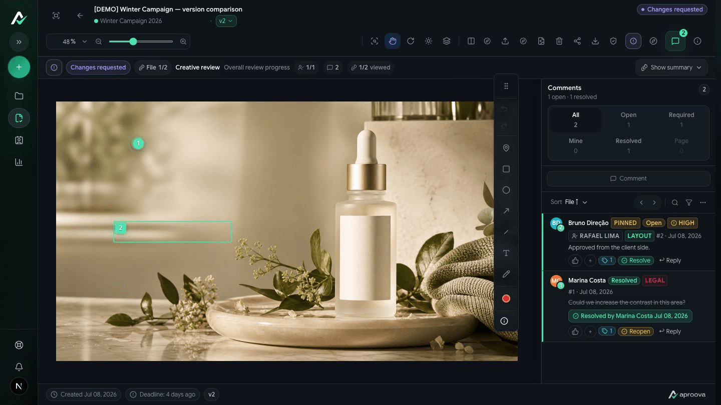Bildprüfung in Aproova mit visuellen Kommentaren in der Seitenleiste