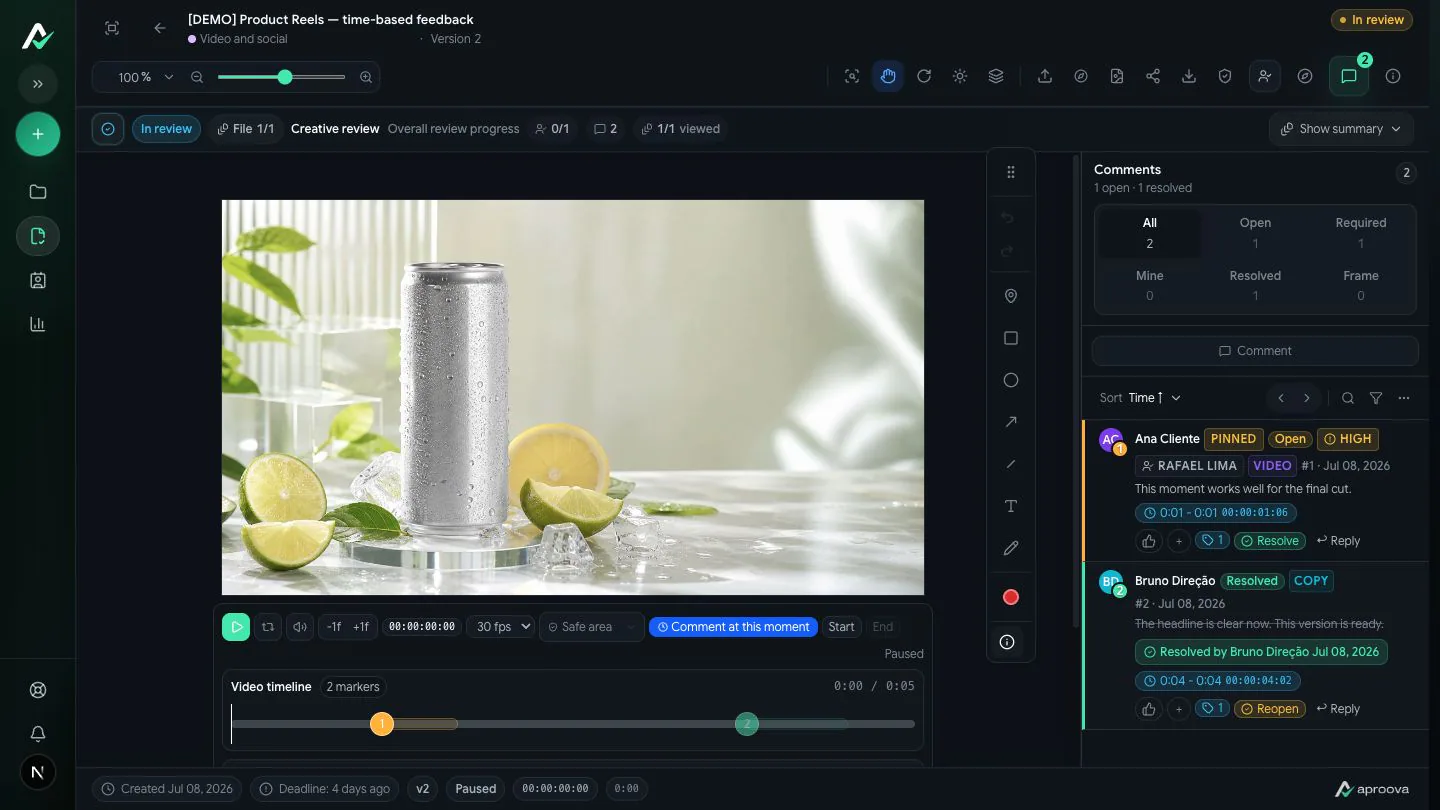 Video review in Aproova with time-coded comments