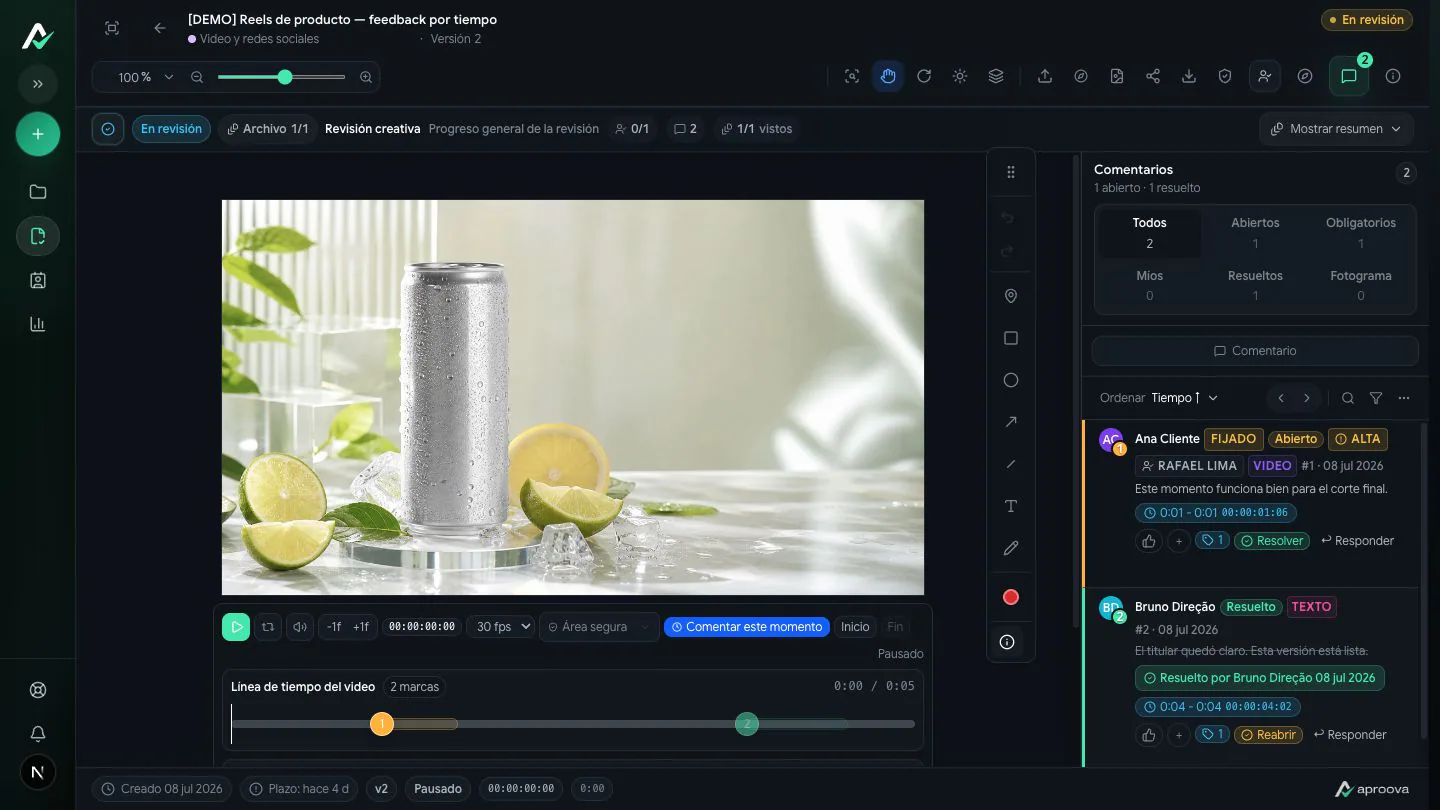 Revisión de video en Aproova con comentarios por tiempo