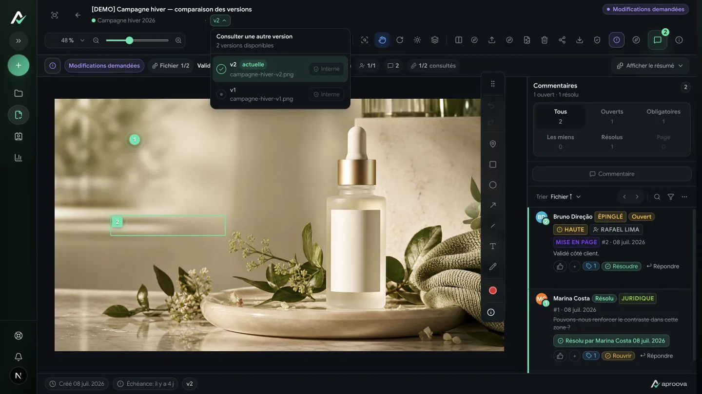 Révision créative dans Aproova avec la version en cours et les retours