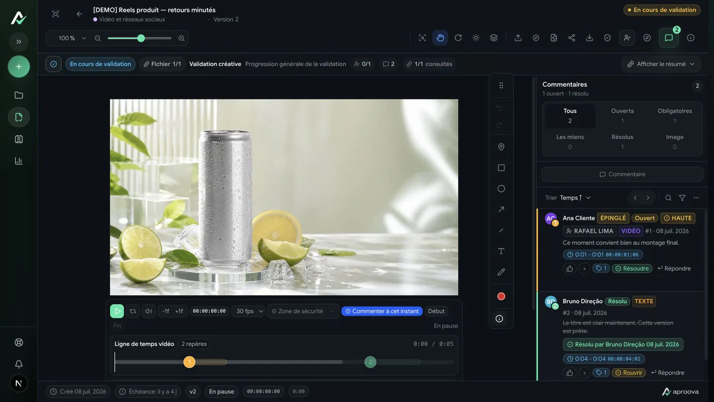 Révision vidéo dans Aproova avec commentaires horodatés