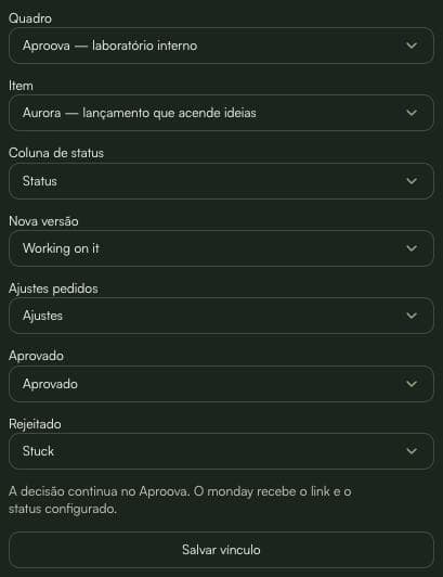 Campanha Aurora vinculada a um item monday com os status de cada decisão