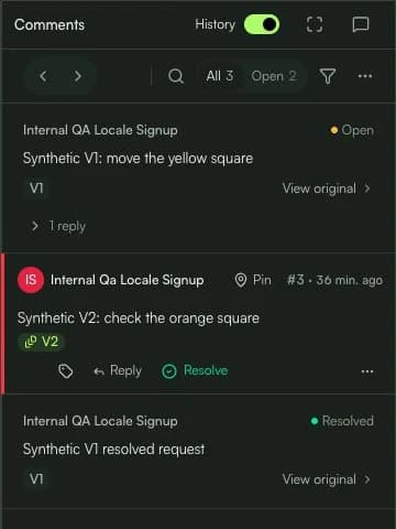 Painel de comentários com histórico ativado e comentários identificados por V1 e V2.