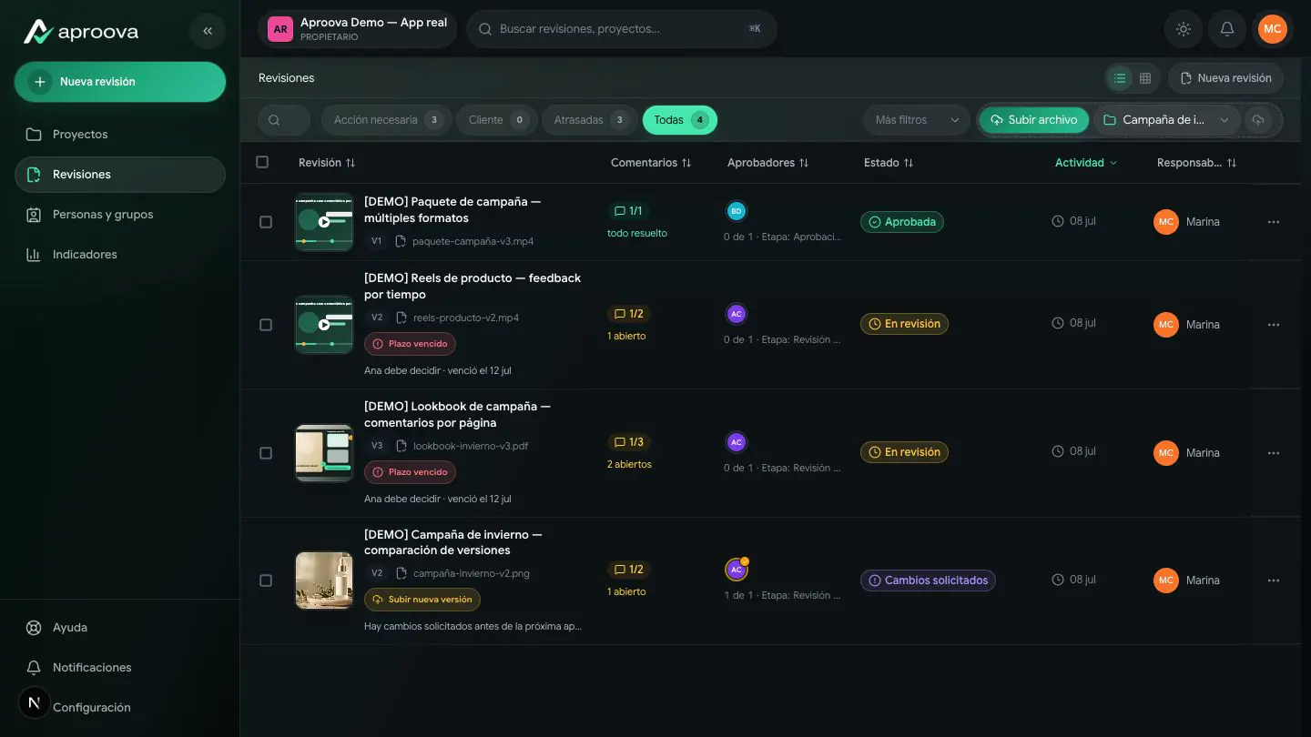 Lista real de revisiones en Aproova con proyectos, estados, responsables y plazos.