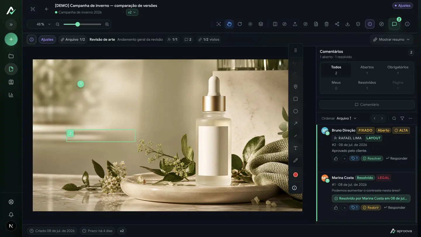 Revisão real de imagem no Aproova, com a arte aberta, marcadores e painel de comentários.