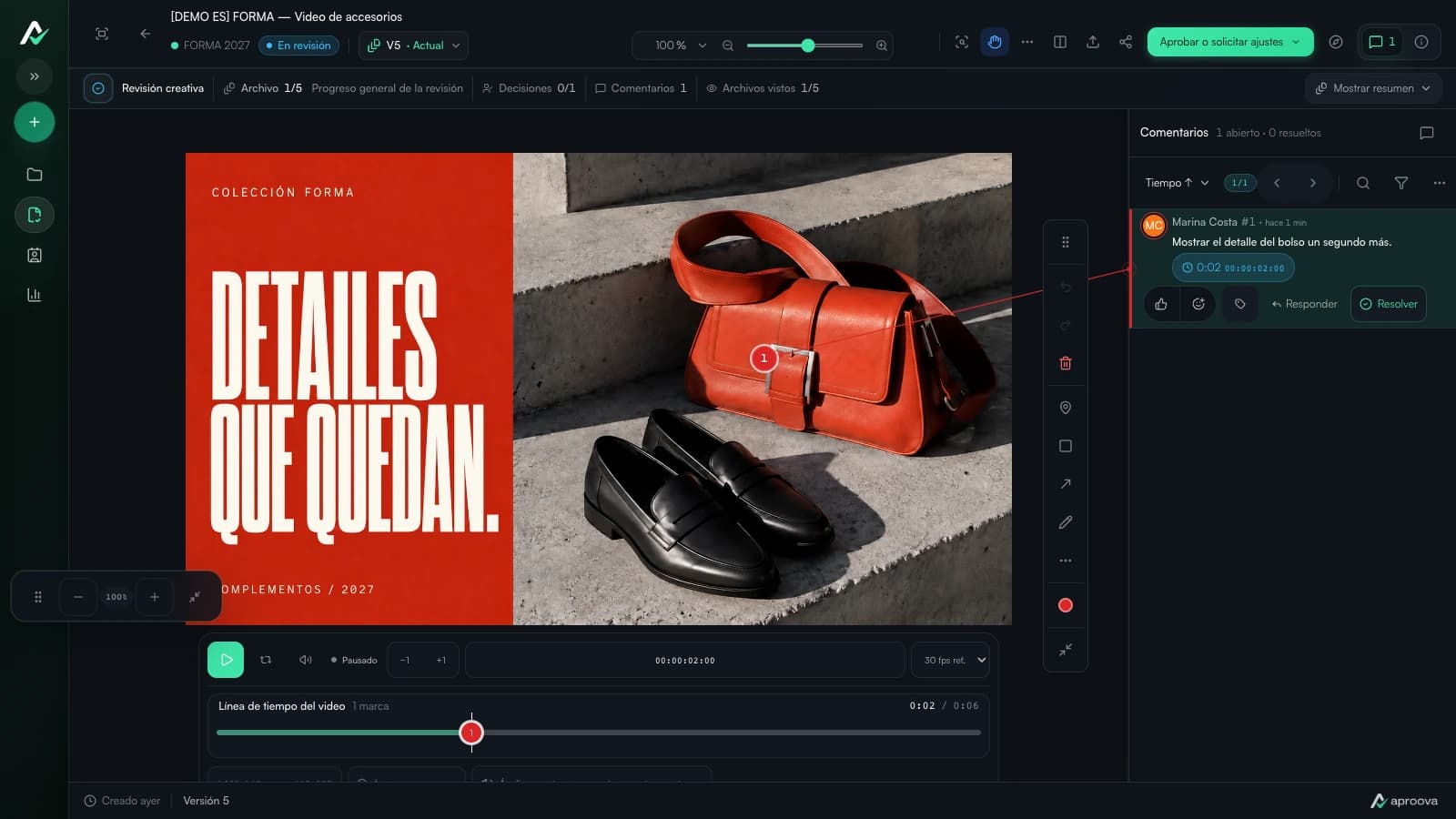 Revisión real del video de accesorios FORMA en Aproova, con un comentario sobre el bolso rojo en la línea de tiempo