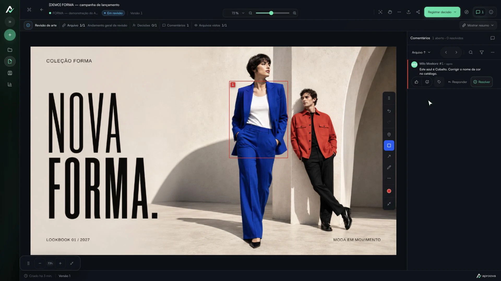 Campanha FORMA no Aproova com o blazer marcado e o pedido de correção da cor salvo