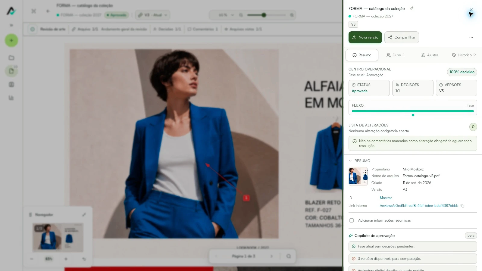 Resumo do catálogo fictício FORMA na versão 3, com status Aprovada e uma decisão registrada