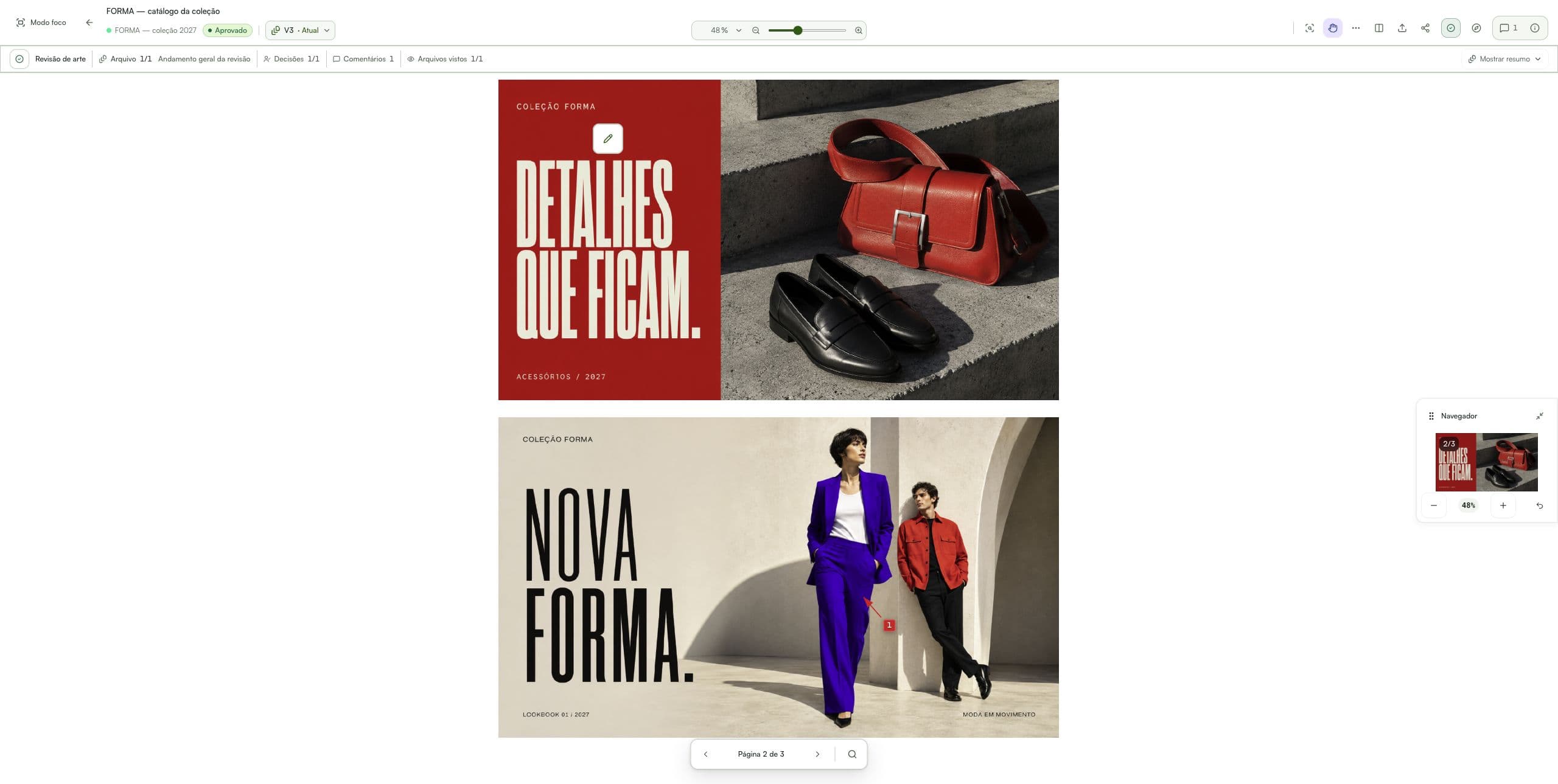 1. Encontre a página — O catálogo FORMA mostra a página 2 de 3, a versão atual e o navegador do documento. Confira a página e o produto antes de marcar uma correção.