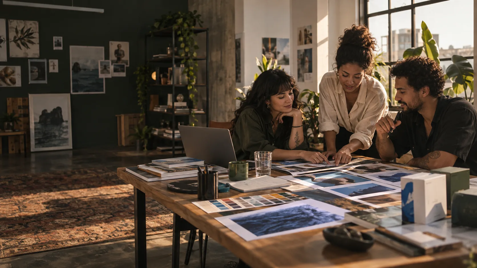 Creative team discussing printed artwork around a studio table.