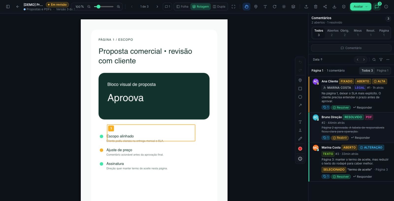 1. Comente — Marque o ponto do arquivo e explique o ajuste. O comentário fica ligado à peça que está sendo revisada.