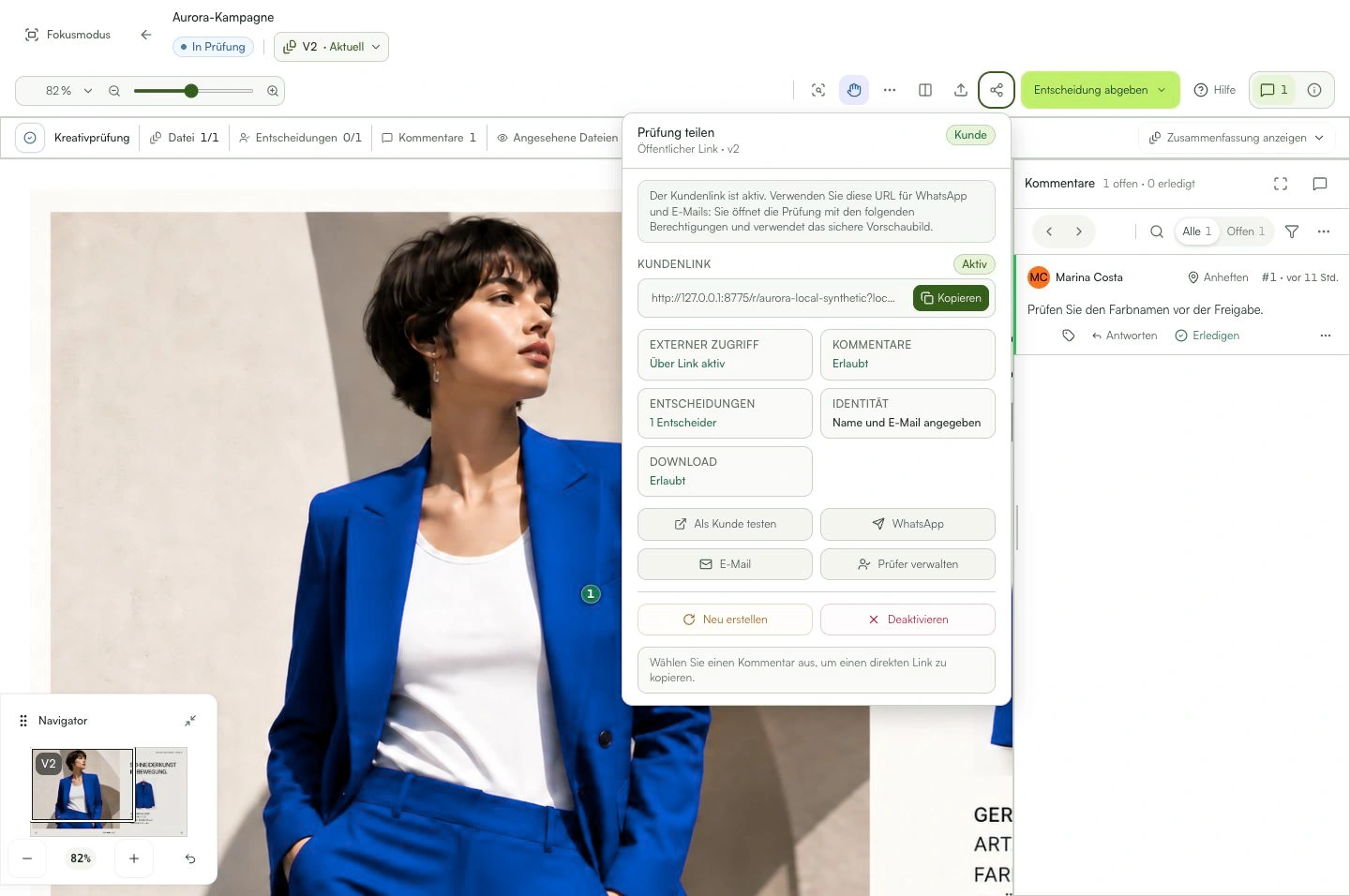 Der Freigabebereich zeigt Kundenlink und Berechtigungen.