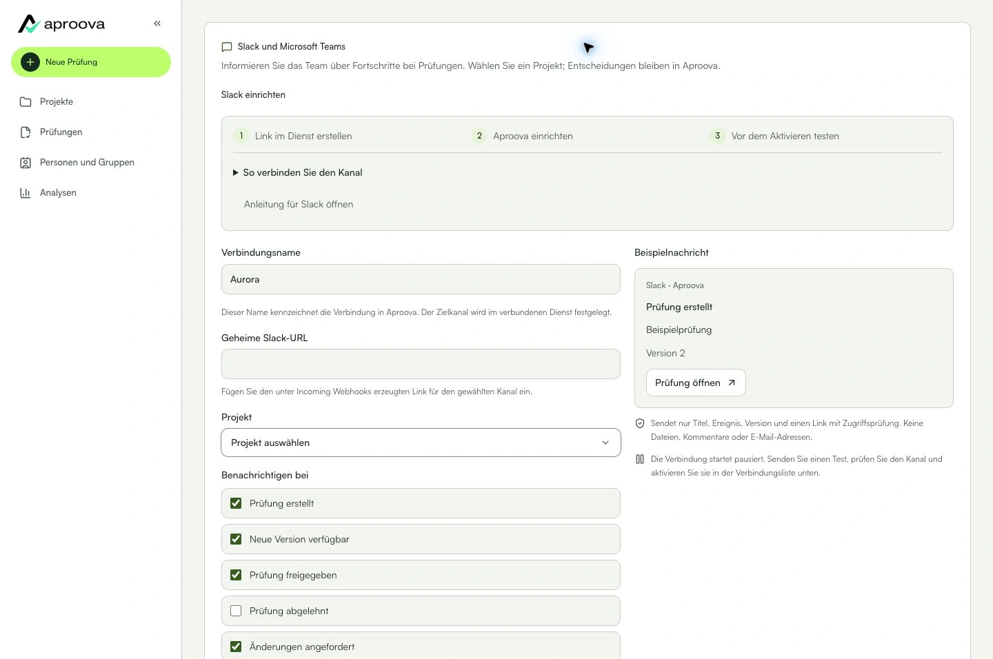 Projekt und Ereignisse wählen. Der Slack-Webhook bestimmt den Kanal.