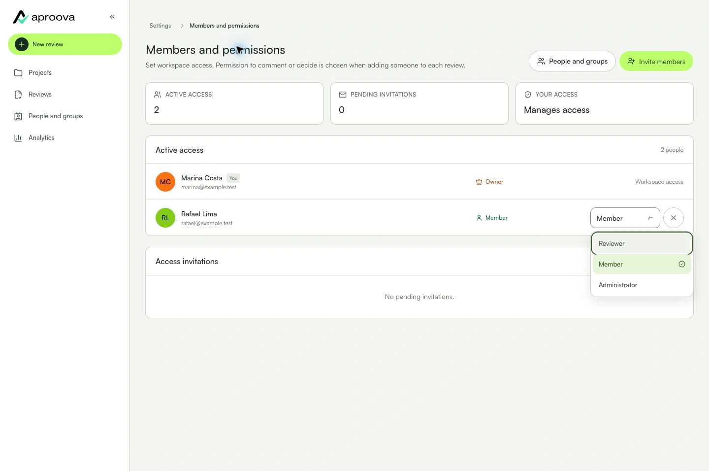 Workspace access is separate from a role in a review.