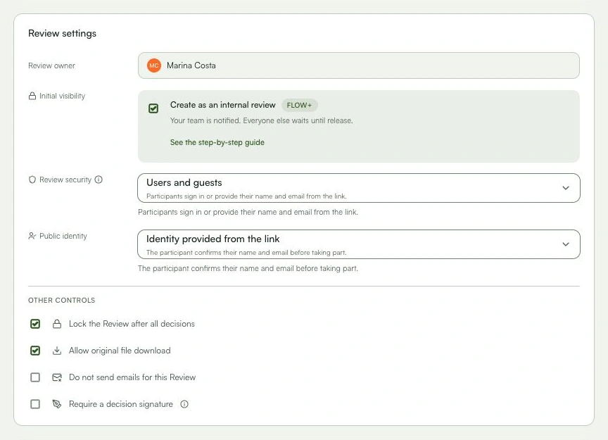 Choose who has access and how the review begins.