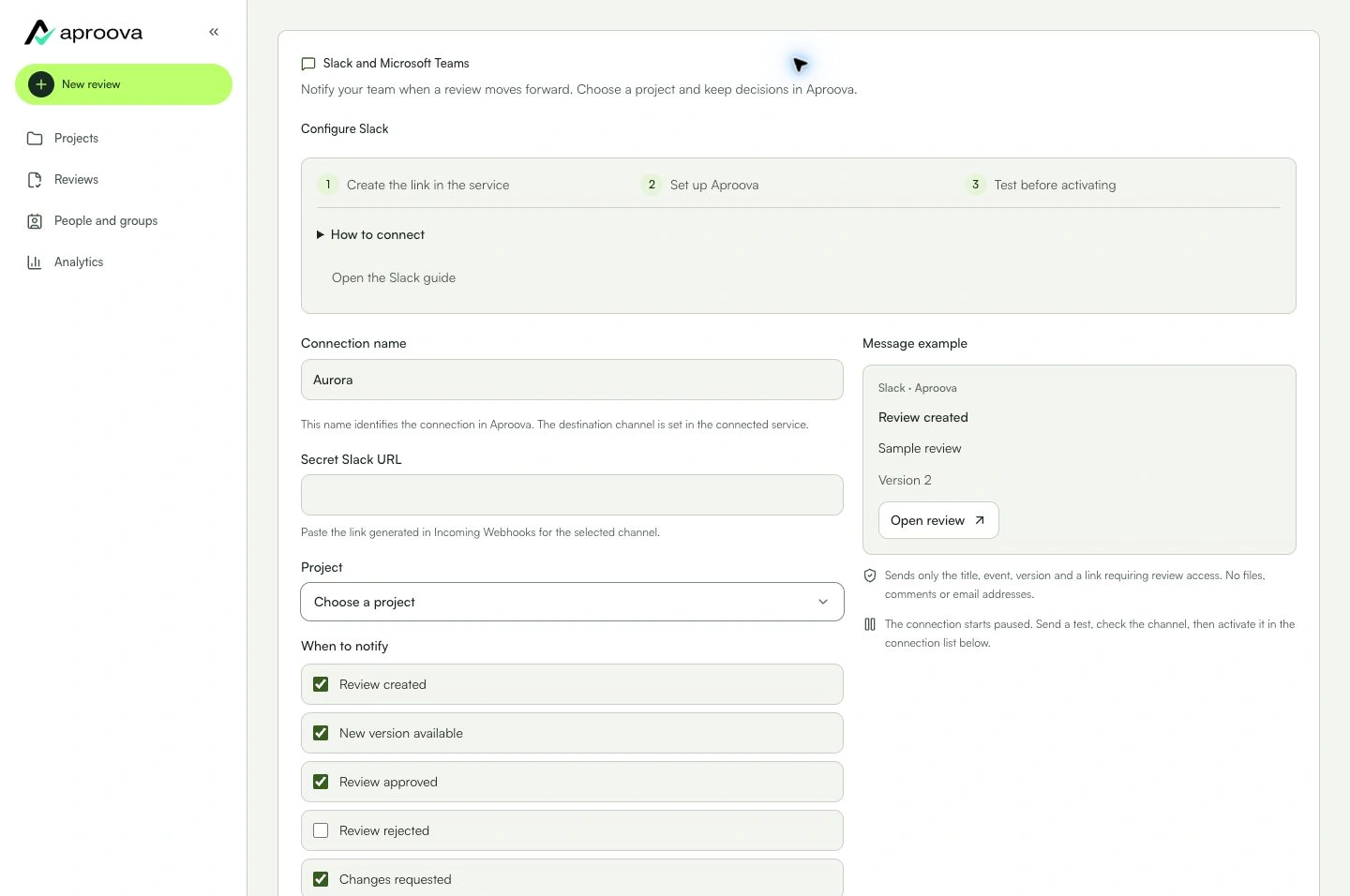 Choose a project and events. Slack’s webhook determines the channel.