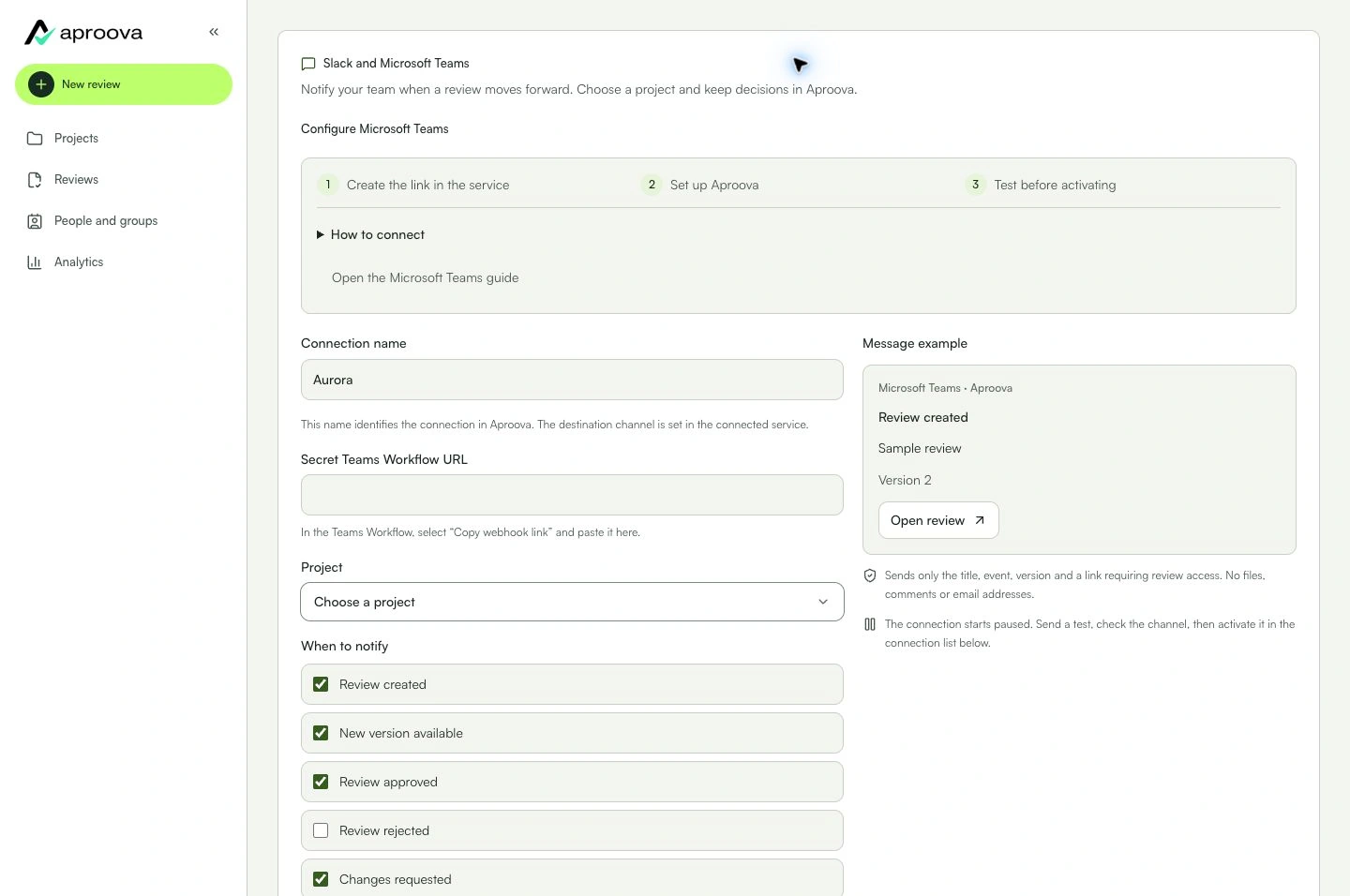 Paste the Teams webhook in the tool’s dedicated field.