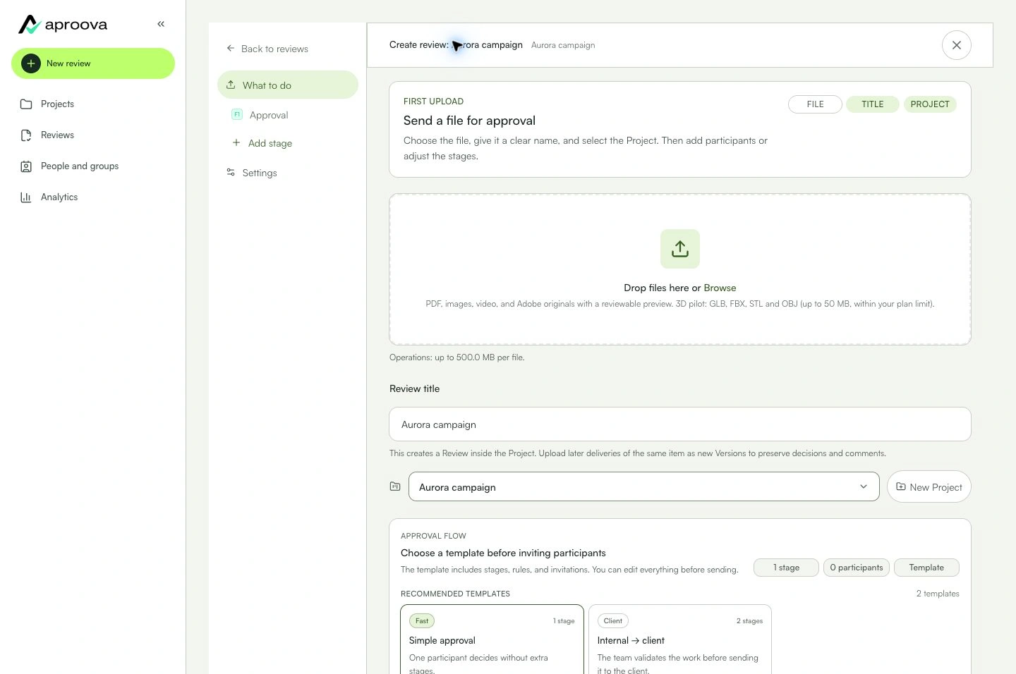 Choose the file, add a title and select the project.