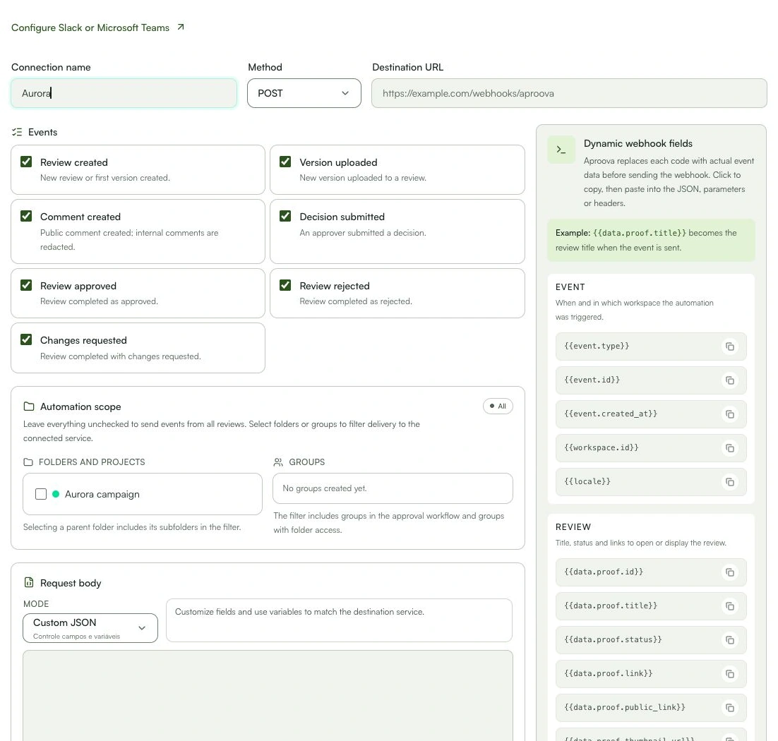 Choose the destination, events and automation scope.