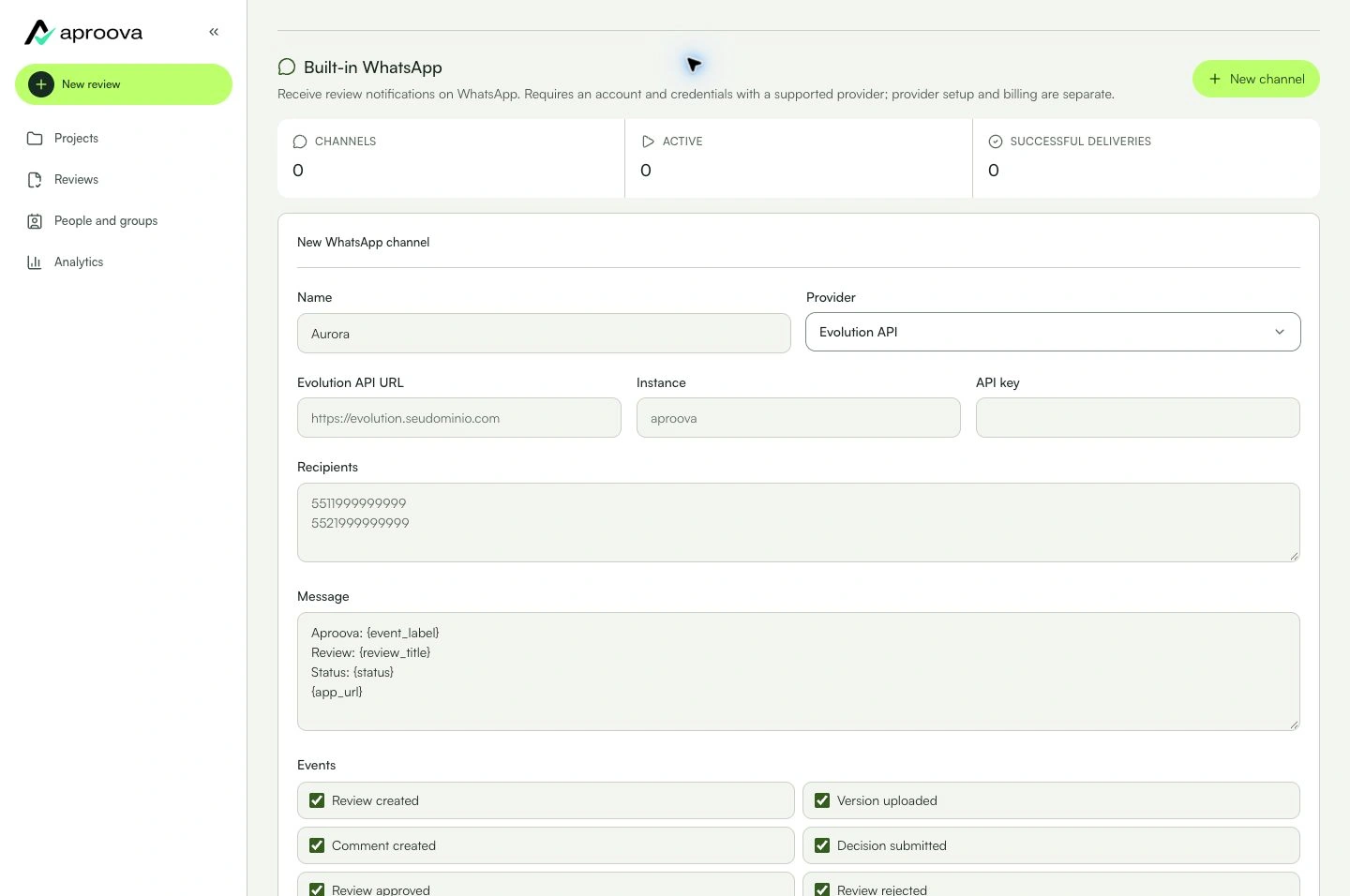 Set up the provider and channel recipients.