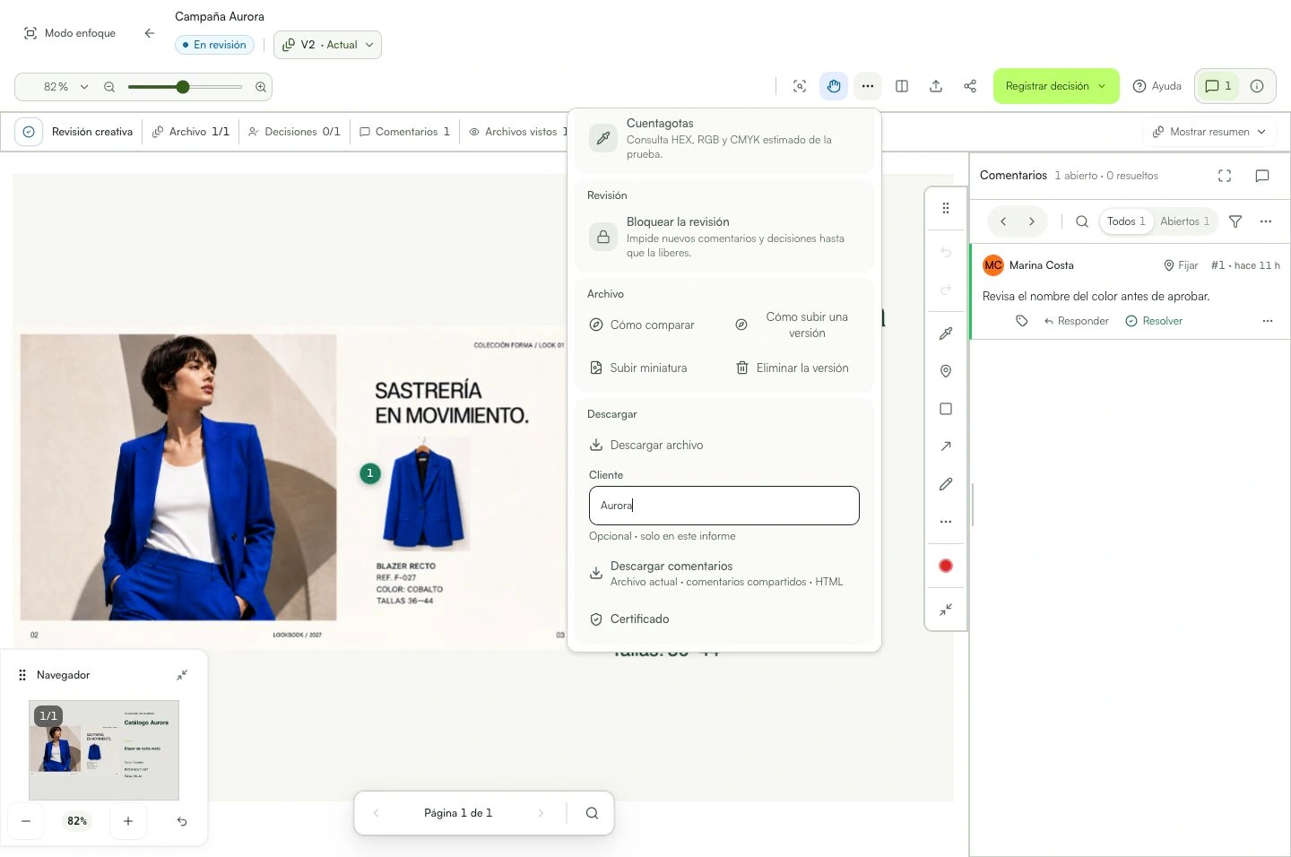 En Más herramientas, indica el cliente y descarga los comentarios.