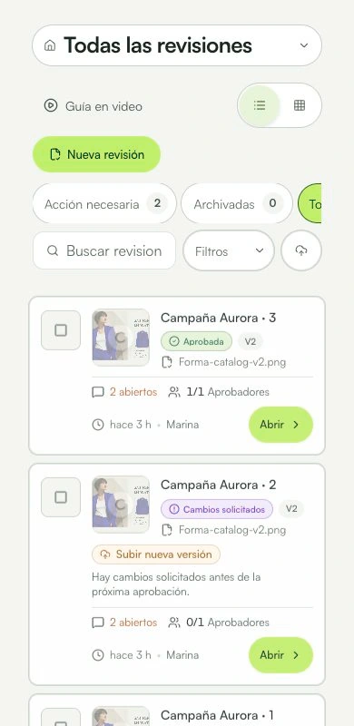 En el móvil, consulta estados y abre la revisión desde su tarjeta.