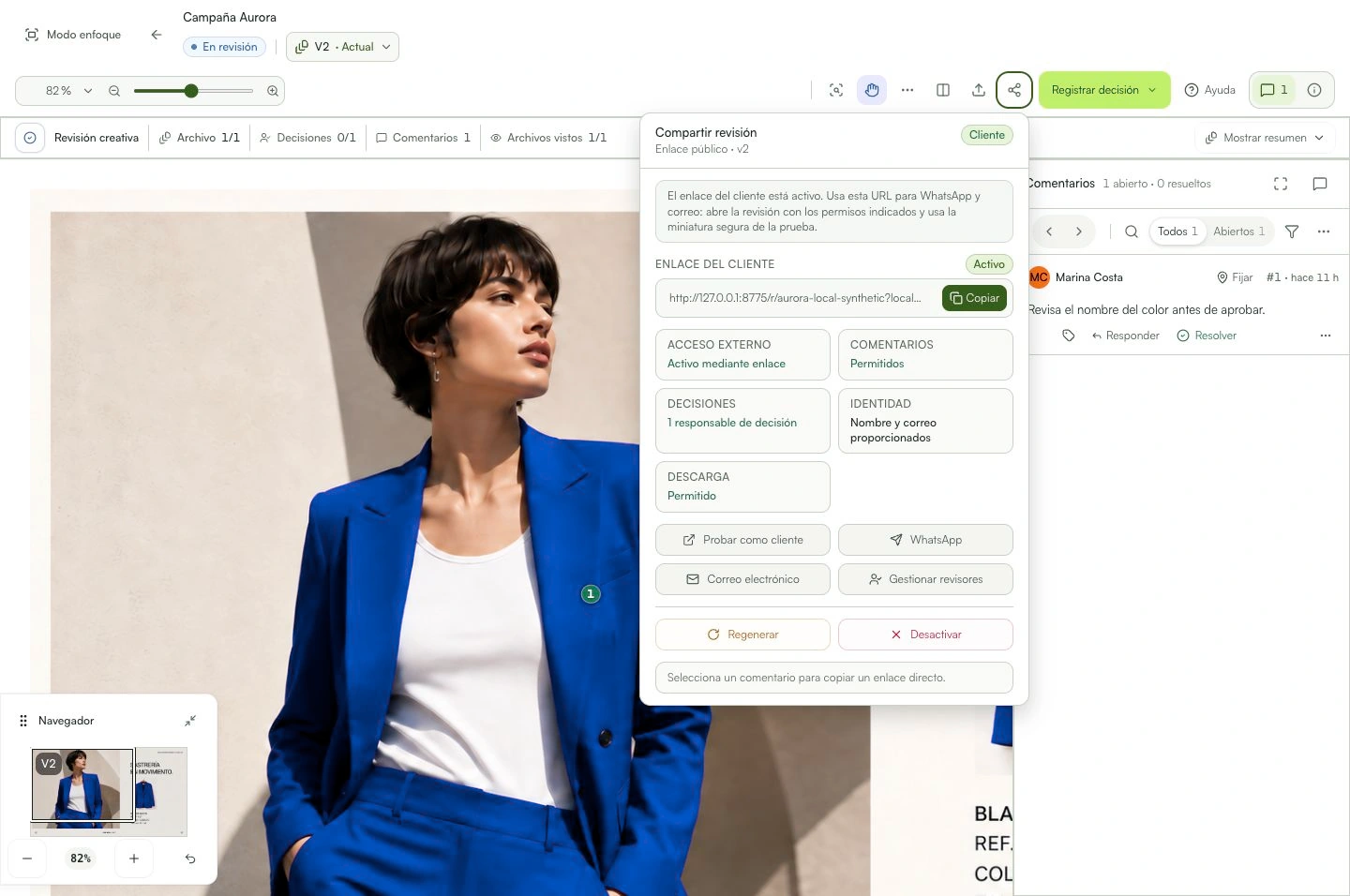 El panel muestra el enlace y los permisos del cliente.