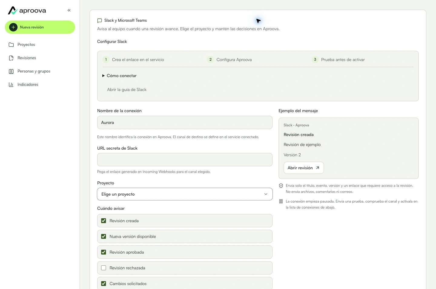 Elige proyecto y eventos. El webhook de Slack define el canal.